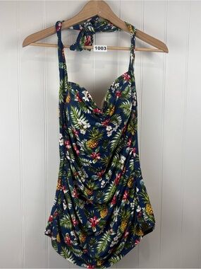 Girl Howdy Tropical One Piece Swimsuit Blue Floral Pineapple Retro Pinup